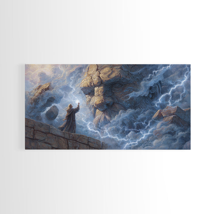 Storm Wizard Summoning Stone Giant Wall Art, Lightning Fantasy Canvas Print For Dark Academia Decor And Dnd Gamer Gift Idea