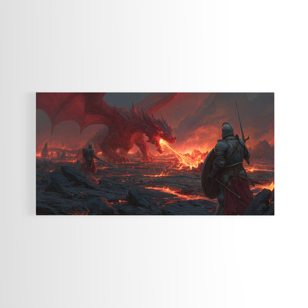 Armored Knights Facing Lava Dragon Canvas Print, Dark Fantasy Wall Art For Medieval Gaming Room And Dramatic Home Decor Gift