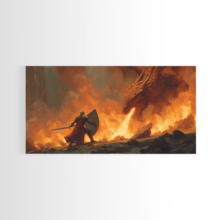 Knight With Shield Against Fire Dragon Wall Art, Epic Fantasy Canvas Print For Medieval Decor And Masculine Office Art Gift