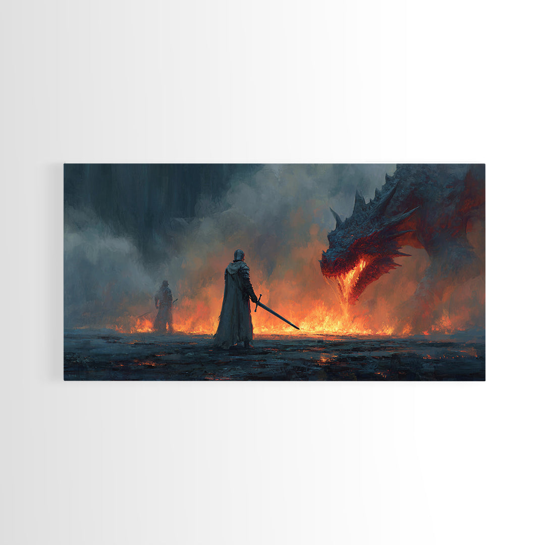 Cloaked Warrior Facing Blue Dragon Canvas Print, Moody Dark Fantasy Wall Art For Gamer Room Decor And Gothic Gift For Him