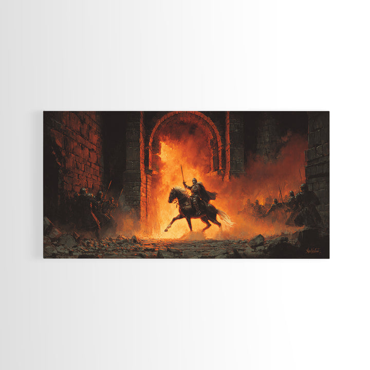 Mounted Knight Riding Through Fiery Gate Wall Art, Medieval Fantasy Canvas Print For Dark Castle Decor And Gamer Gift Idea