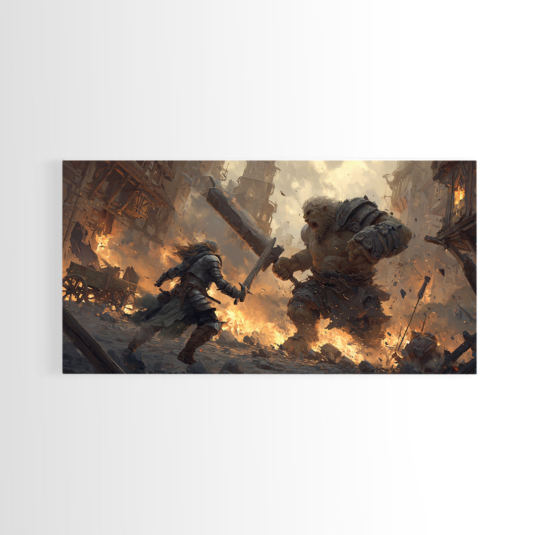 Armored Warrior Battling Giant Troll Canvas Print, Epic Fantasy Wall Art For Gaming Room Decor And Medieval Gift For Him