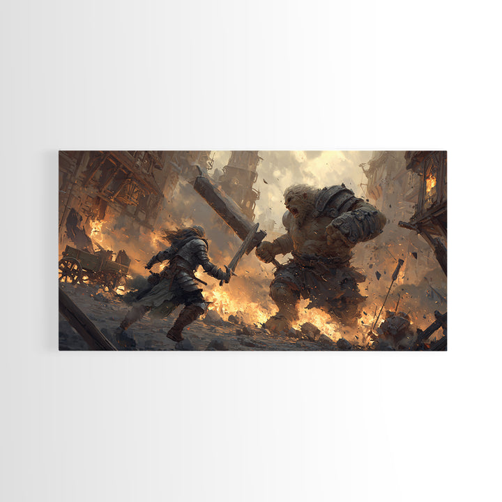 Armored Warrior Battling Giant Troll Canvas Print, Epic Fantasy Wall Art For Gaming Room Decor And Medieval Gift For Him