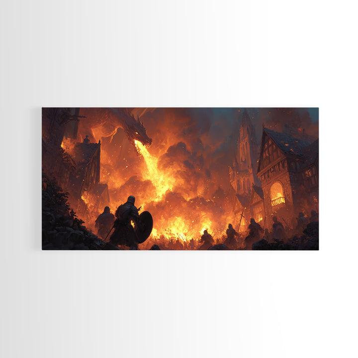 Dragon Burning Medieval Village Wall Art, Dark Fantasy Canvas Print For Gothic Castle Decor, Gamer Room, And Gift For Him