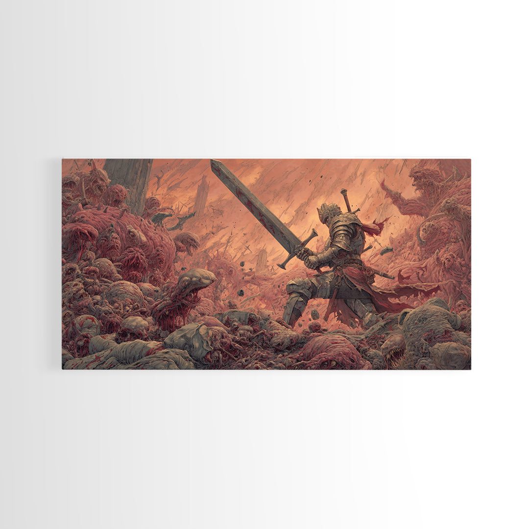 Armored Hero With Giant Sword Wall Art, Surreal Dark Fantasy Canvas Print For Monster Battle Decor And Gothic Gamer Gift