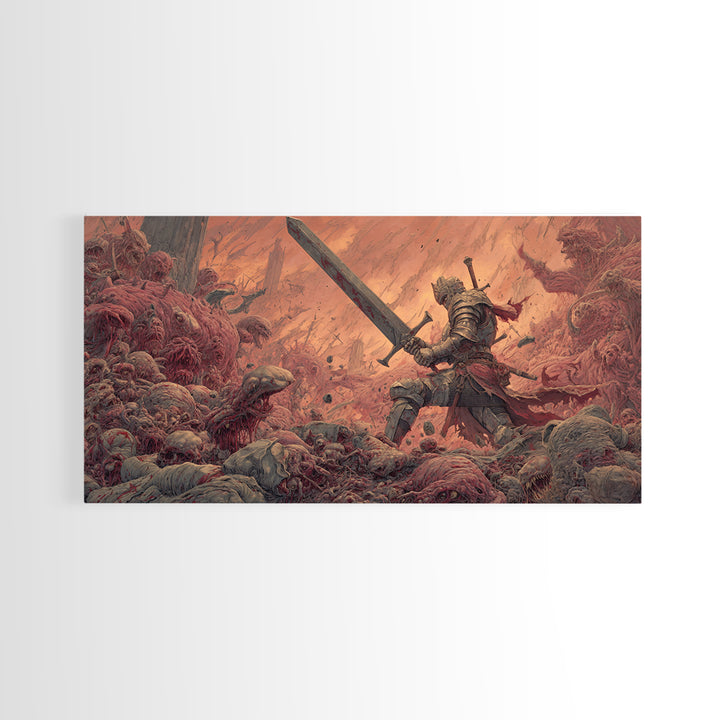 Armored Hero With Giant Sword Wall Art, Surreal Dark Fantasy Canvas Print For Monster Battle Decor And Gothic Gamer Gift