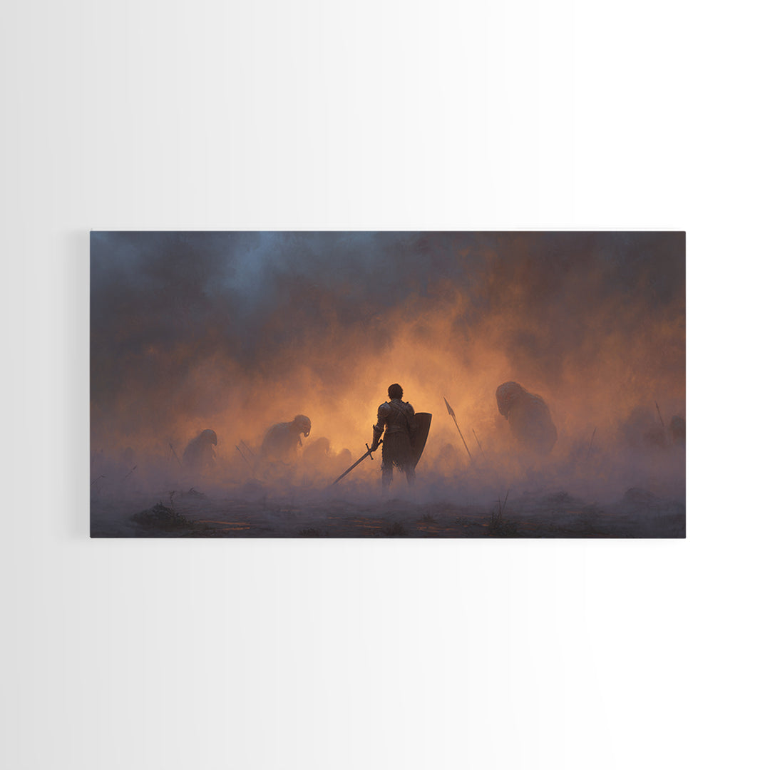 Lone Knight In Smoky Ember Battlefield Wall Art, Dark Fantasy Art, Medieval Warrior, Gothic Decor, Dramatic Canvas Print
