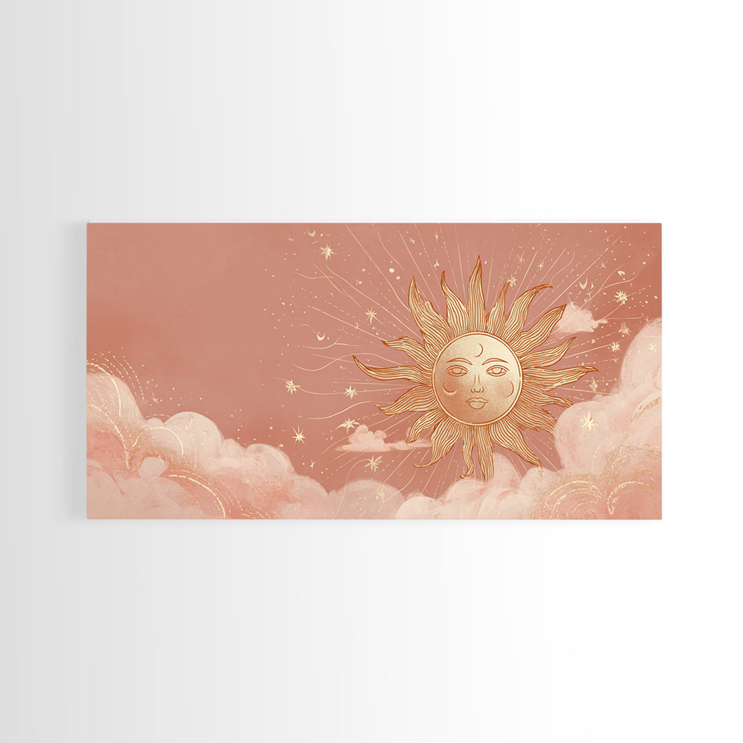 Peach Boho Sun Face In Cloudy Sky Wall Art, Celestial Art Print, Nursery Wall Decor, Whimsical Kids Room Decor Gift For Her