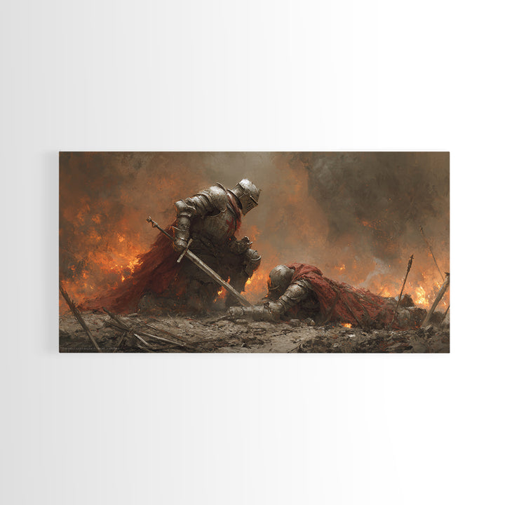 Armored Knight Lifting Fallen Warrior Framed Canvas Print, Dark Fantasy Art, Medieval Battle, Gothic Wall Decor, Gift For Him