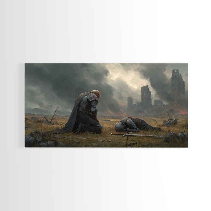 Kneeling Knight Beside Fallen Comrade Wall Art, Dark Fantasy Landscape, Medieval Ruins, Moody Wall Decor, Large Canvas Print