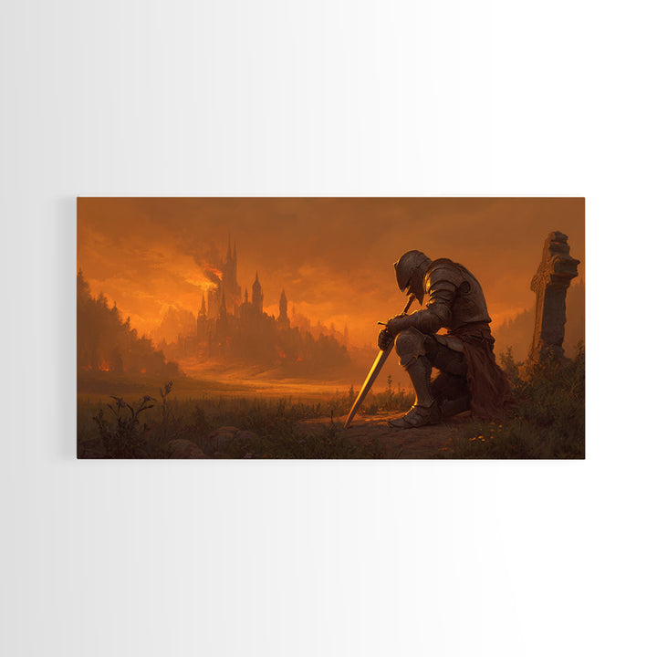 Kneeling Knight Before Burning Castle Canvas Print, Dark Fantasy Art, Medieval Landscape, Gothic Wall Decor, Office Decor