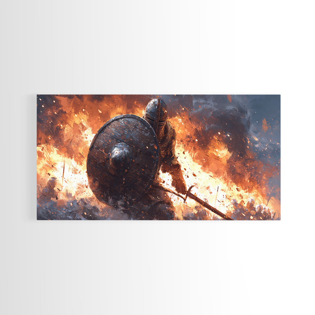 Shielded Knight Charging Through Fire Wall Art, Dark Fantasy Warrior, Medieval Battle, Gothic Home Decor, Statement Canvas Print