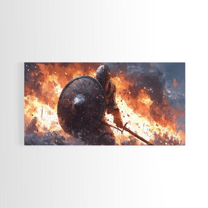 Shielded Knight Charging Through Fire Wall Art, Dark Fantasy Warrior, Medieval Battle, Gothic Home Decor, Statement Canvas Print