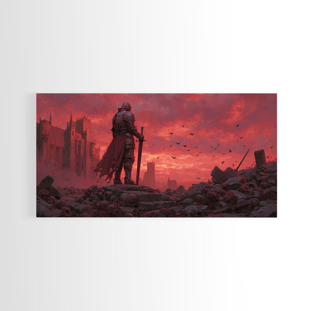 Knight Standing Among Skulls At Red Ruins Wall Art, Dark Fantasy Art, Gothic Decor, Medieval Warrior, Dramatic Canvas Print
