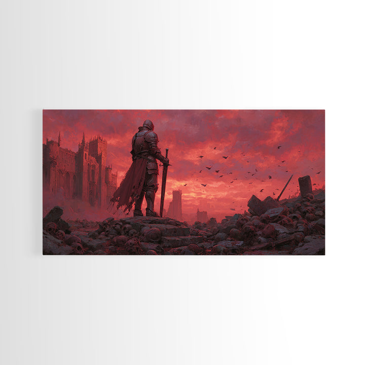 Knight Standing Among Skulls At Red Ruins Wall Art, Dark Fantasy Art, Gothic Decor, Medieval Warrior, Dramatic Canvas Print