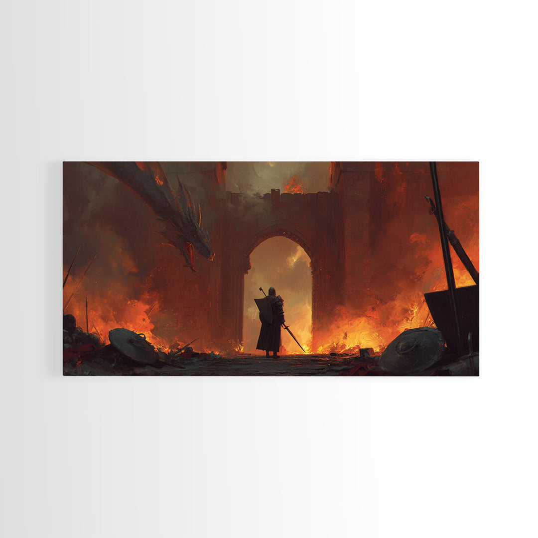 Knight Facing Dragon At Burning Gate Framed Canvas Print, Dark Fantasy Art, Medieval Castle, Gothic Wall Decor, Epic Gift