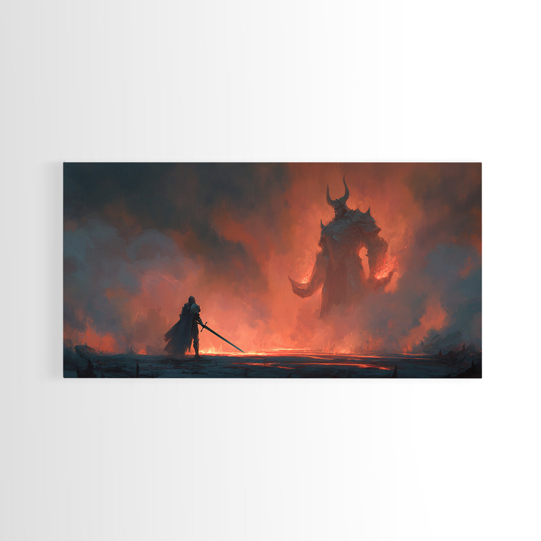 Lone Knight Facing Fire Demon Wall Art, Dark Fantasy Art, Surreal Gothic Decor, Medieval Warrior, Epic Statement Canvas Print