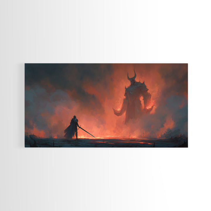 Lone Knight Facing Fire Demon Wall Art, Dark Fantasy Art, Surreal Gothic Decor, Medieval Warrior, Epic Statement Canvas Print
