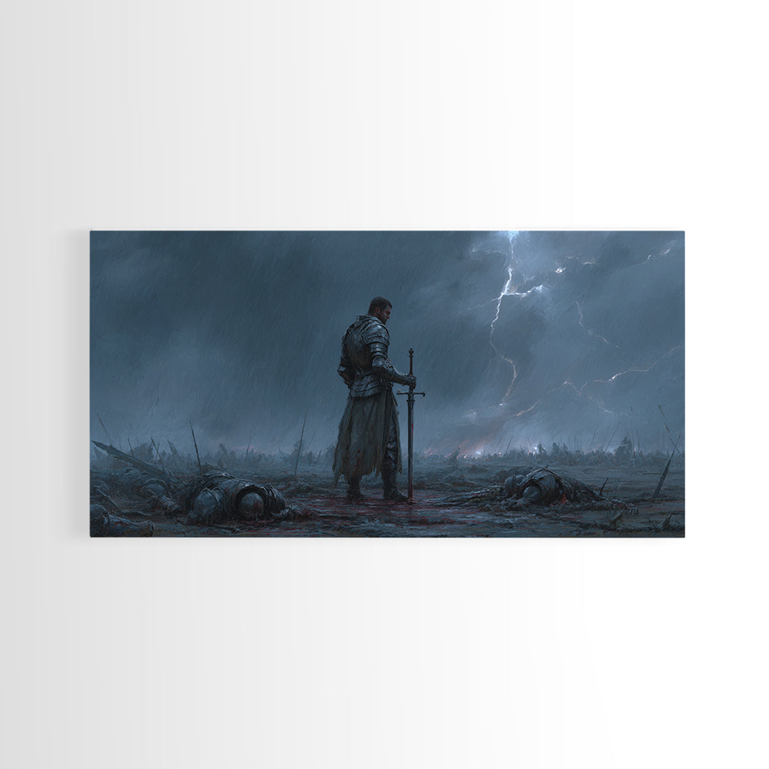 Storm Worn Knight In Rainy Battlefield Wall Art, Dark Fantasy Landscape, Medieval Warrior, Moody Gothic Decor, Canvas Print