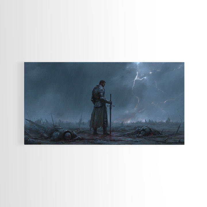 Storm Worn Knight In Rainy Battlefield Wall Art, Dark Fantasy Landscape, Medieval Warrior, Moody Gothic Decor, Canvas Print