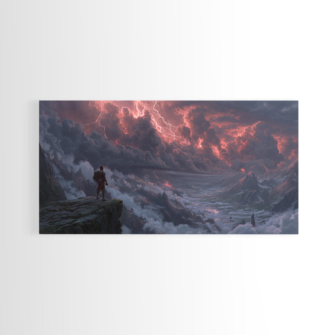 Knight On Mountain Cliff Under Lightning Wall Art, Dark Fantasy Landscape, Epic Mountain Art, Gothic Decor, Canvas Print