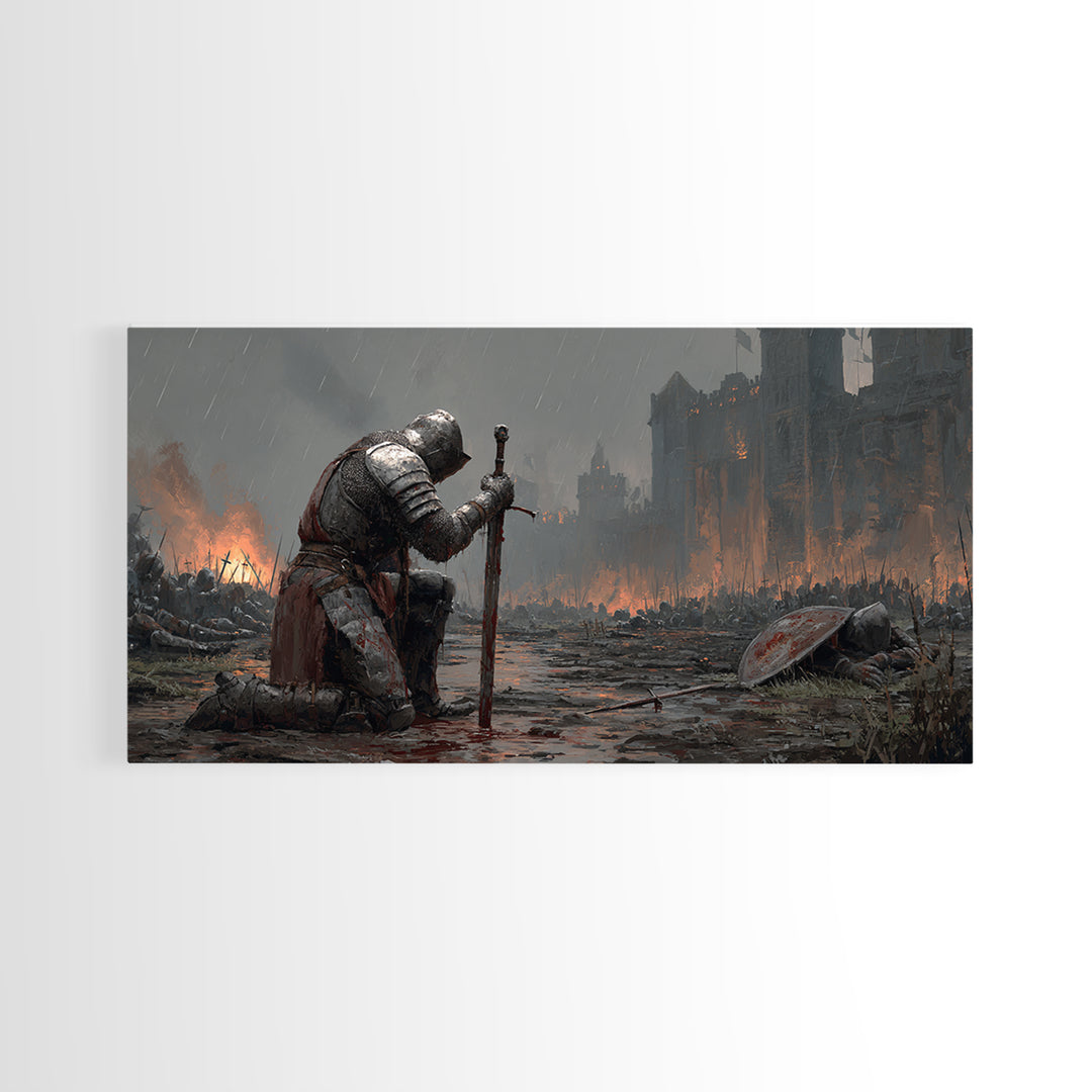 Kneeling Knight In Rainy Battlefield Framed Canvas Print, Dark Fantasy Wall Art, Medieval Castle Office Decor Gift For Him