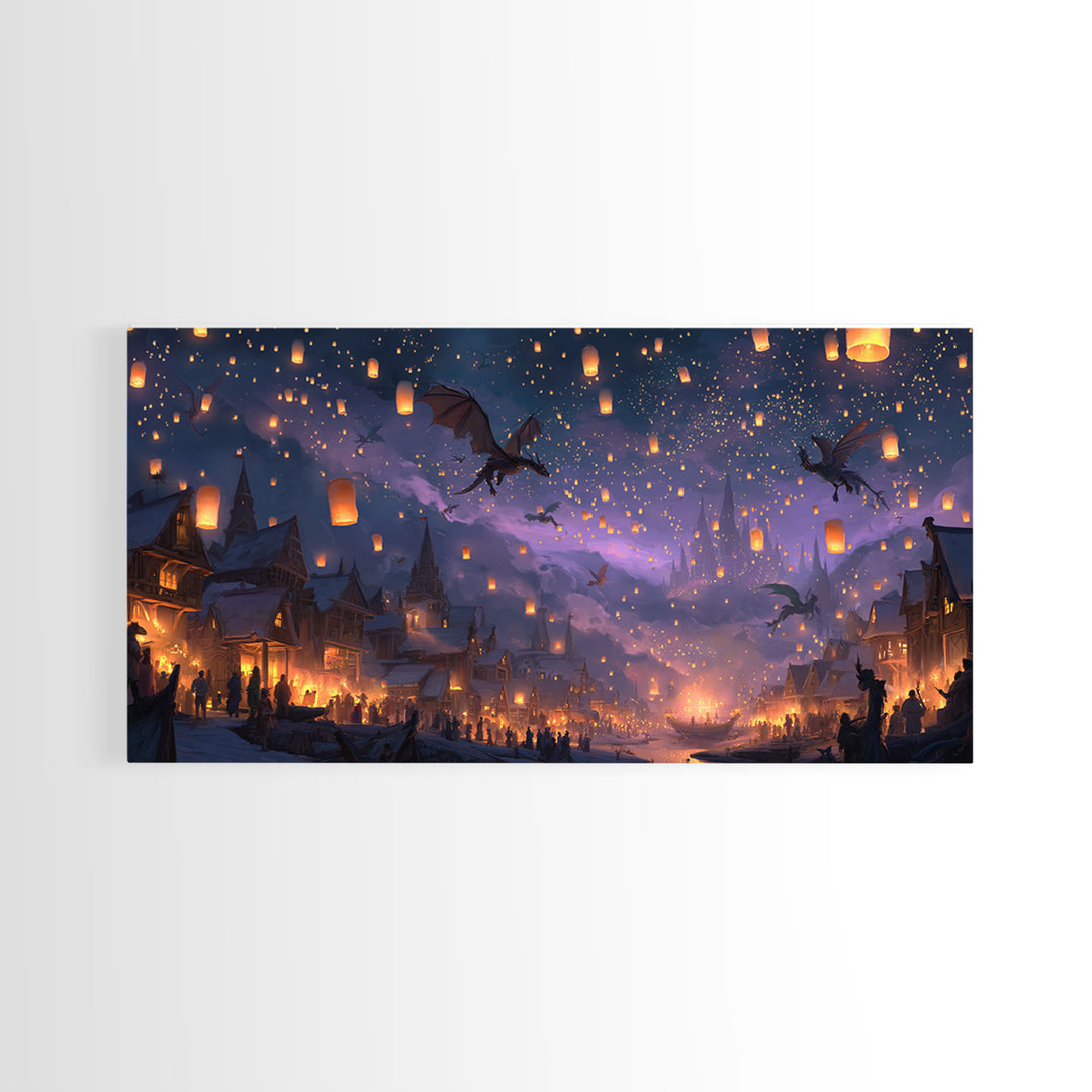 Dragon Lantern Festival Village Canvas Print, Fantasy Wall Art, Whimsical Night Sky Decor, Magical Kids Room Decor Gift Idea