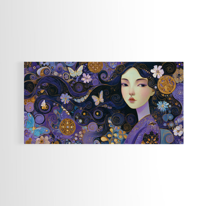 Purple Art Nouveau Woman Wall Art, Feminine Portrait Canvas Print, Butterfly Floral Decor, Gold Boho Gallery Wall Art Print
