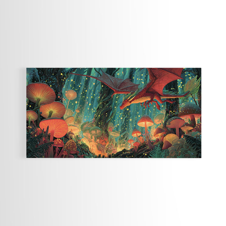 Red Dragon Over Glowing Mushroom Forest Wall Art, Whimsical Fantasy Canvas Print, Enchanted Woodland Kids Room Decor Gift