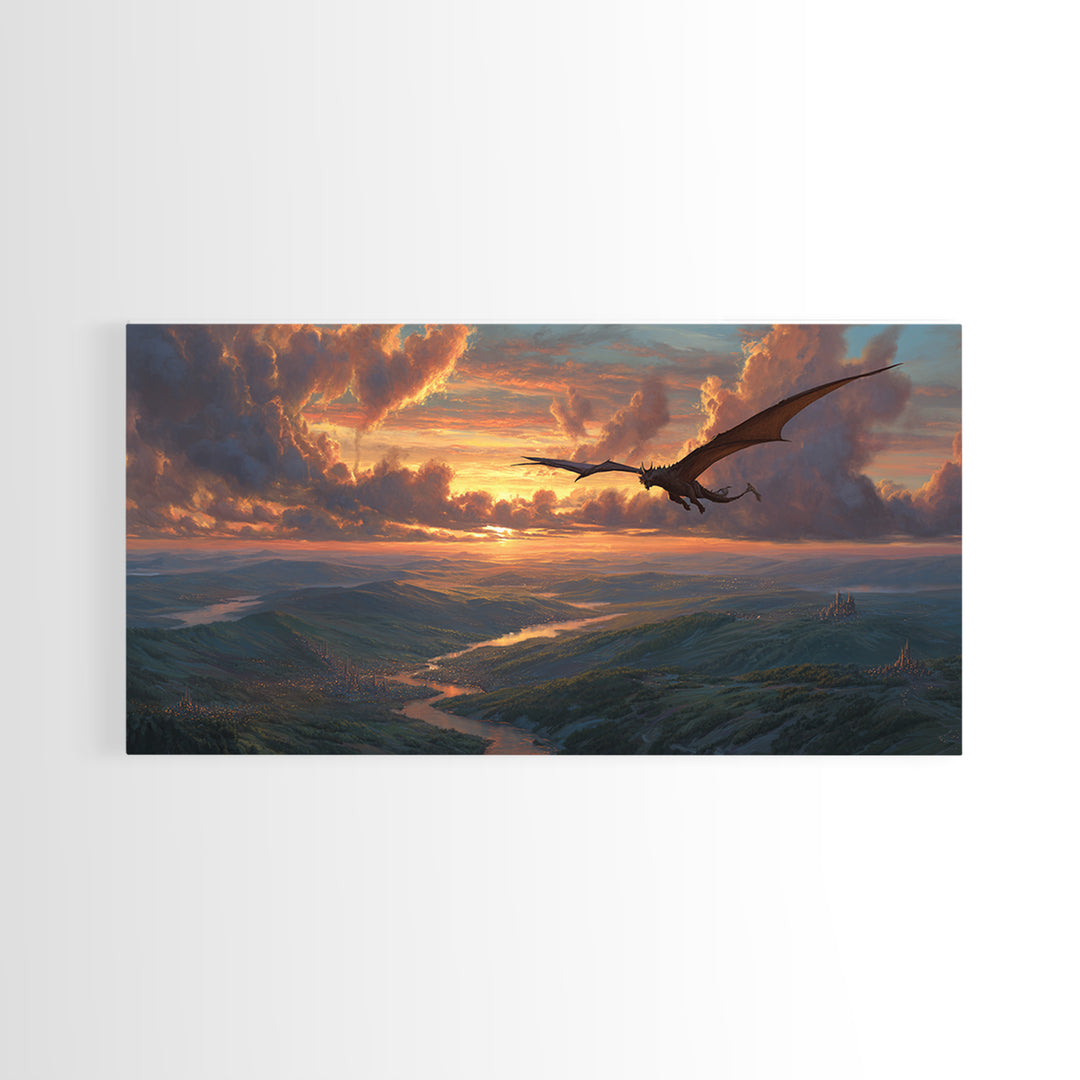 Dragon Flying Over Sunset Valley Wall Art, Epic Fantasy Canvas Print, Mountain Landscape Decor, Mythical Adventure Art Print