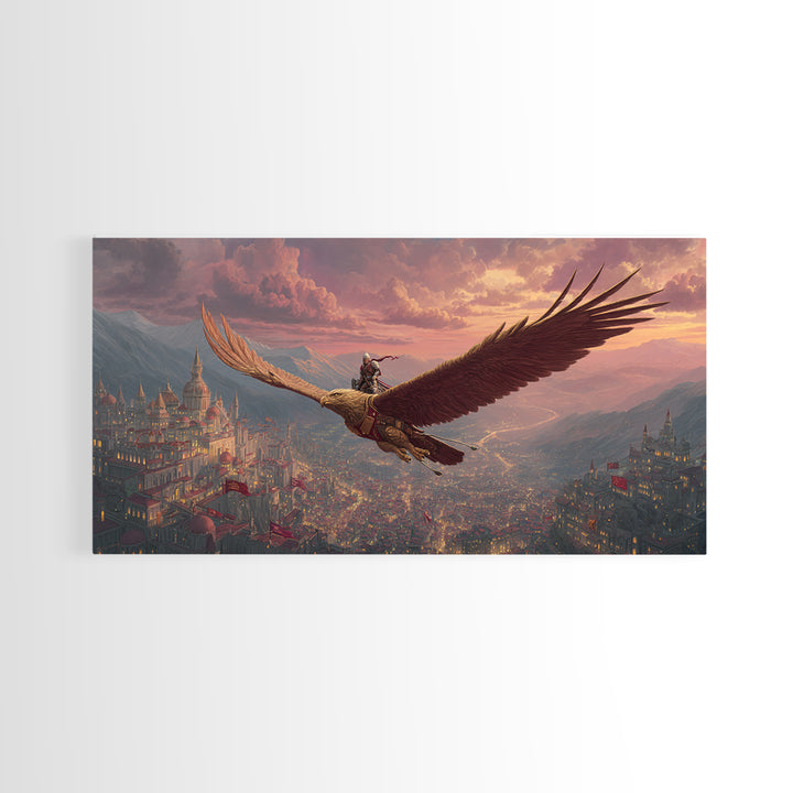 Epic Eagle Rider Over Kingdom Wall Art, Fantasy Canvas Print, Mythical Landscape Art For Gamer Room, Study, And Office Decor