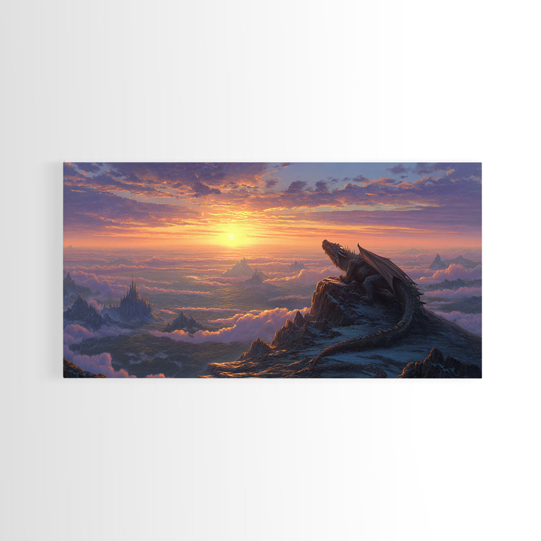 Sunset Dragon Mountain Kingdom Wall Art, Epic Fantasy Landscape Canvas, Medieval Castle Decor, Large Fantasy Art Print Gift
