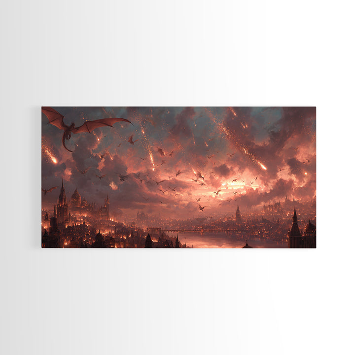 Dragon Siege Over Burning City Canvas Print, Dark Fantasy Wall Art, Gothic Medieval Decor, Epic Game Room Poster Gift For Gamer