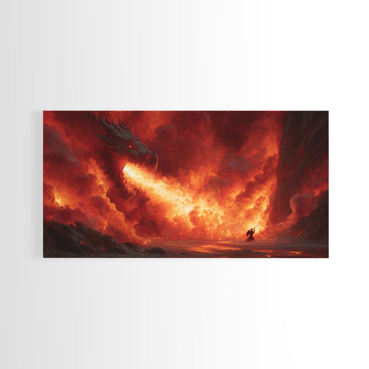 Fire Breathing Dragon In Volcanic Sky Canvas Print, Dark Fantasy Wall Art, Epic Dragon Art, Fantasy Decor, Gamer Room Decor, Large Artwork