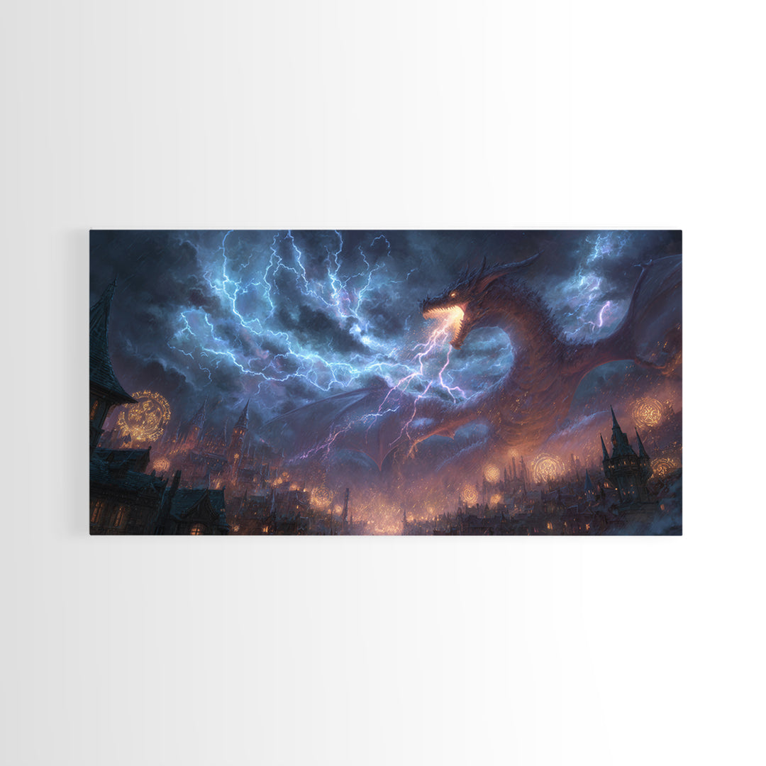 Lightning Dragon Over Gothic City Wall Art, Dark Fantasy Canvas, Stormy Castle Decor, Epic Dragon Print, Gamer Gift, Fantasy Decor