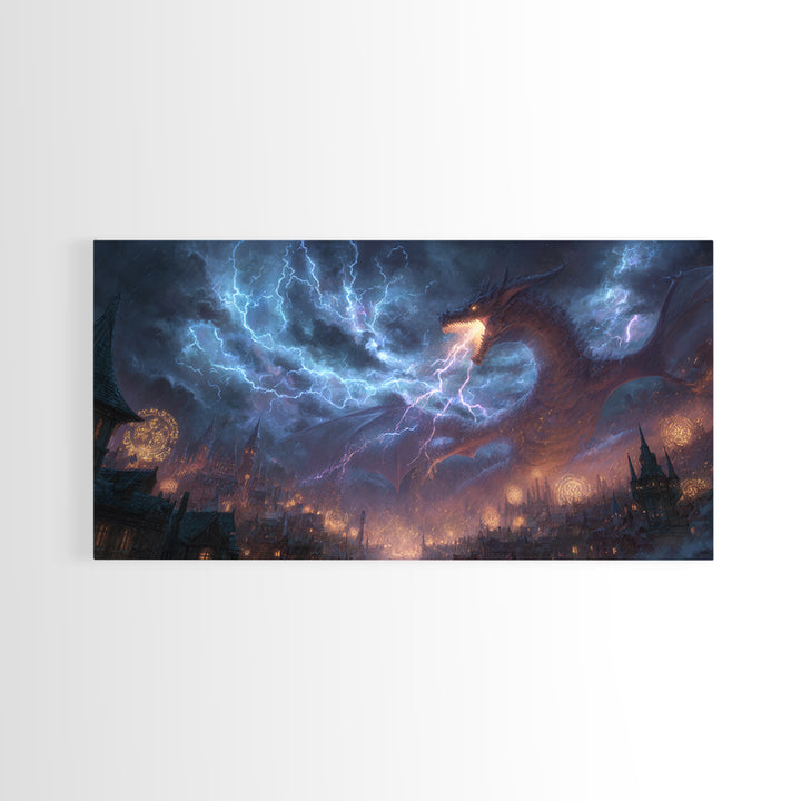 Lightning Dragon Over Gothic City Wall Art, Dark Fantasy Canvas, Stormy Castle Decor, Epic Dragon Print, Gamer Gift, Fantasy Decor