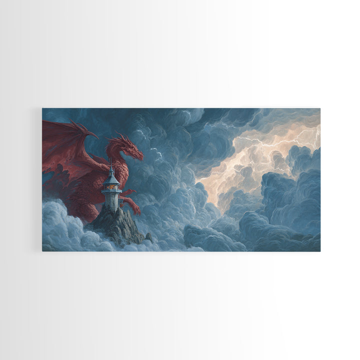 Red Dragon Lighthouse In Storm Clouds Canvas Print, Epic Fantasy Wall Decor, Mythical Creature Art, Dungeons And Dragons Gift