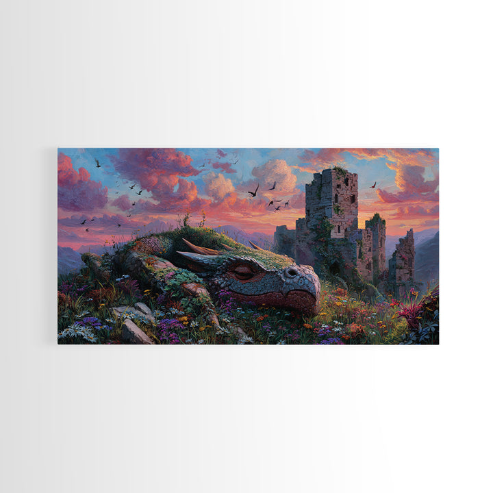 Sleeping Dragon Among Wildflowers Framed Canvas Print, Fantasy Wall Art, Whimsical Decor, Nursery Art, Enchanted Castle Art