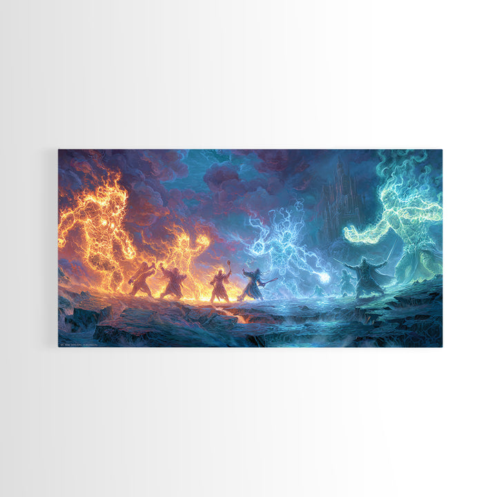 Elemental Dragon Battle Canvas Print, Fire And Ice Fantasy Wall Art, Epic Magic Warrior Decor, RPG Gamer Room Gift For Him