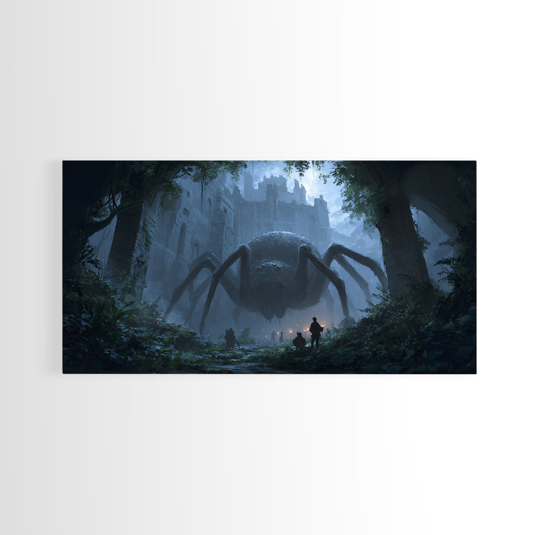Giant Spider In Ruined Forest Canvas Print, Dark Fantasy Wall Art, Gothic Castle Decor, Creepy Dungeons And Dragons Gift