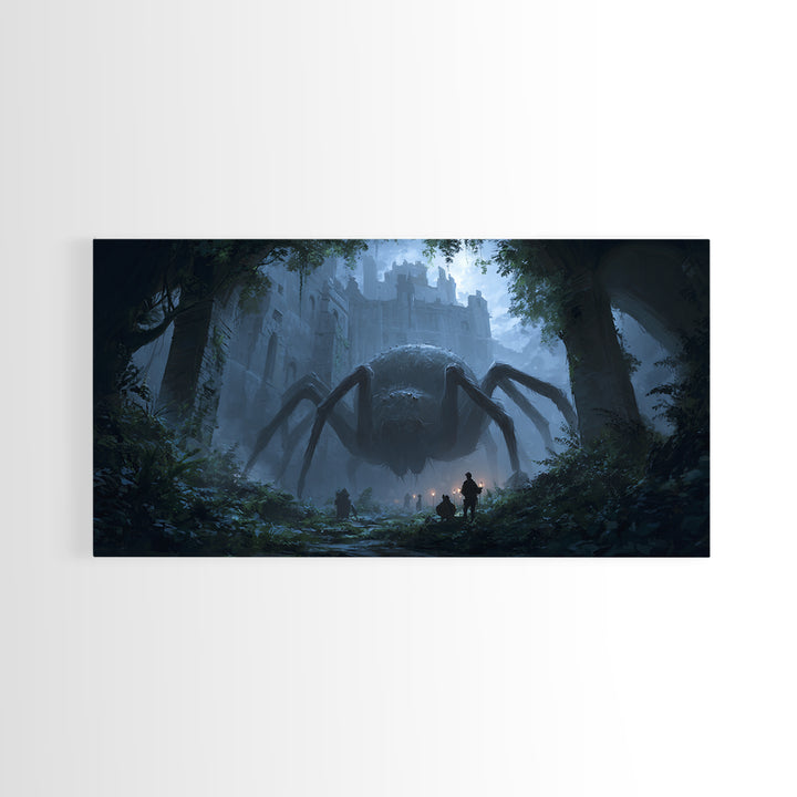 Giant Spider In Ruined Forest Canvas Print, Dark Fantasy Wall Art, Gothic Castle Decor, Creepy Dungeons And Dragons Gift
