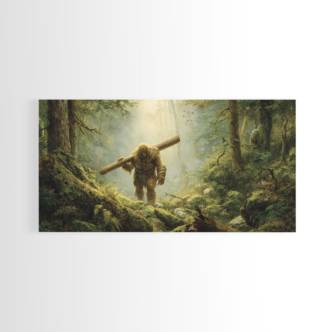 Bigfoot Carrying Log Through Mossy Forest Wall Art, Whimsical Wildlife Canvas Print, Cabin Decor, Fantasy Home Decor, Unique Gift