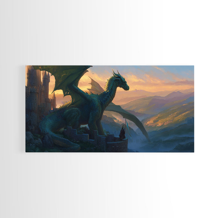 Emerald Dragon Castle Wall Art, Fantasy Landscape Canvas Print, Medieval Gothic Decor, Large Mythical Creature Artwork Gift