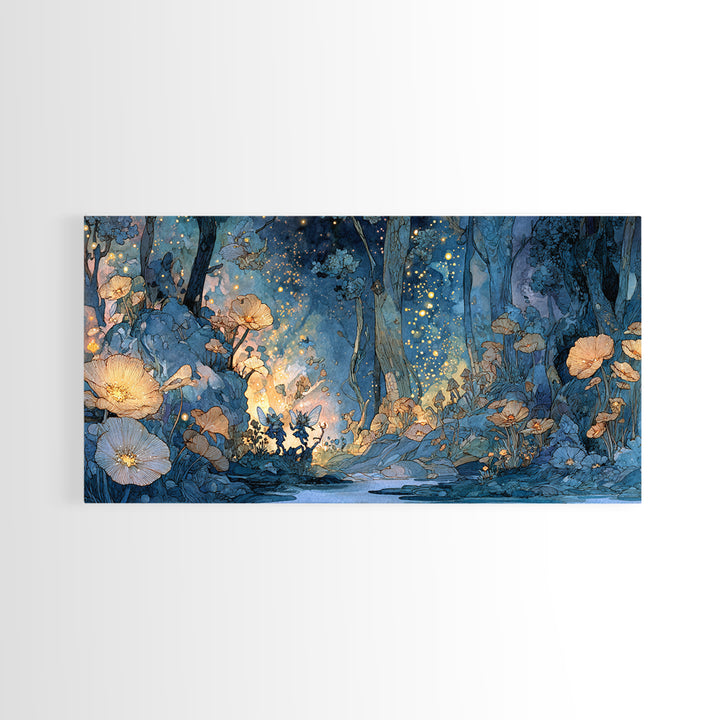 Glowing Blue Fairy Forest Canvas Print, Whimsical Floral Wall Art, Enchanted Woodland Decor, Firefly Fantasy Print, Nursery Wall Decor