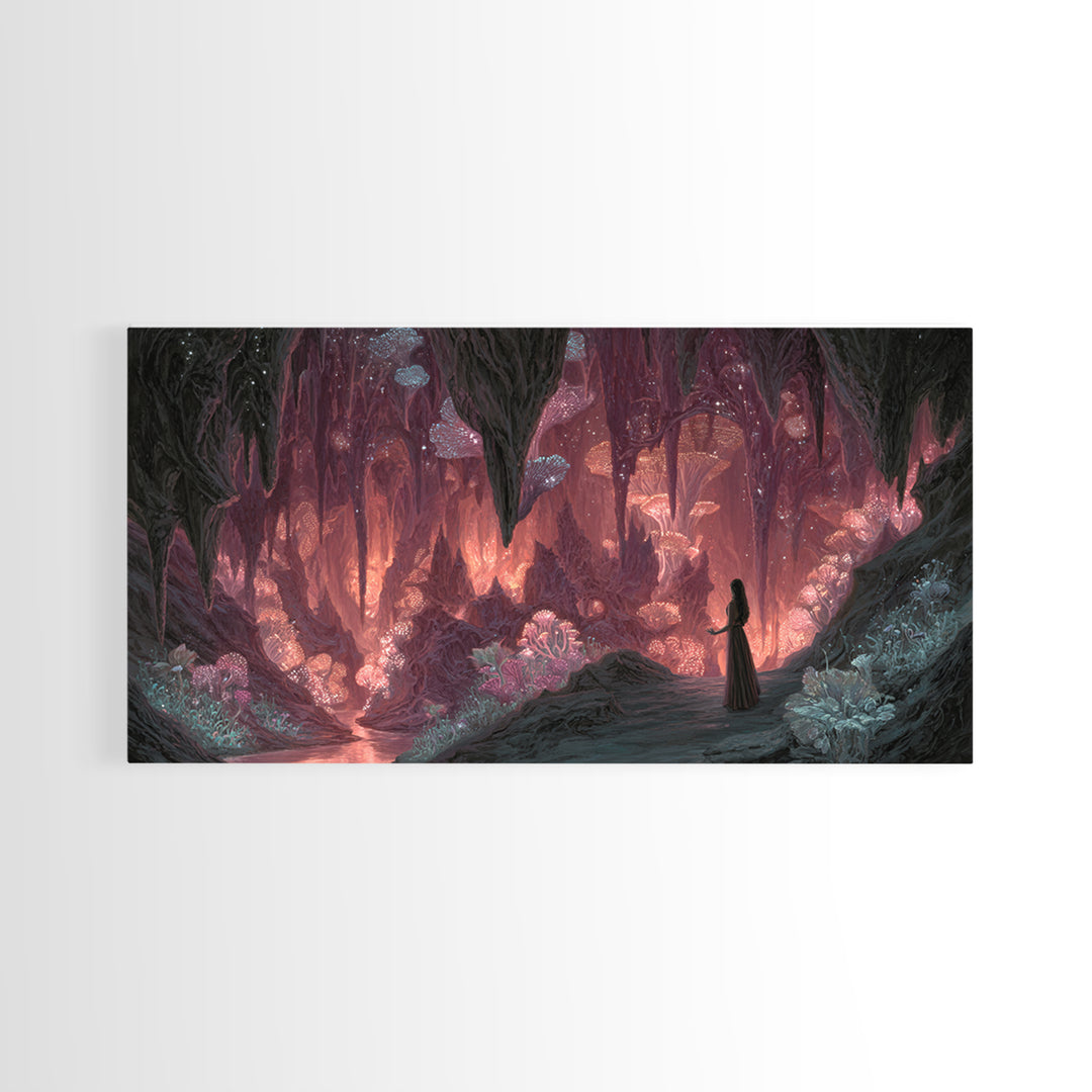 Glowing Crystal Mushroom Cave Wall Art, Magical Fantasy Canvas Print, Ethereal Decor, Whimsical Art, Goblincore Home Decor