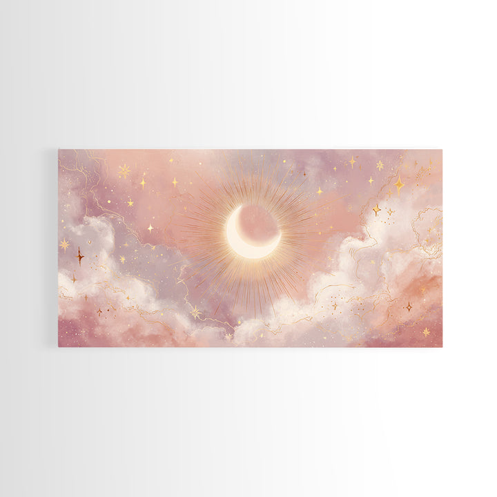 Glowing Solar Eclipse With Pink Clouds Wall Art, Celestial Canvas Print, Moon And Stars Decor, Dreamy Bedroom Decor Gift For Her