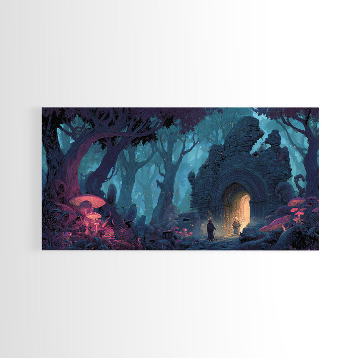 Enchanted Forest Portal Canvas Print, Mushroom Fantasy Wall Art, Magical Ruins Decor, Whimsical Fairy Tale Print For Kids Room