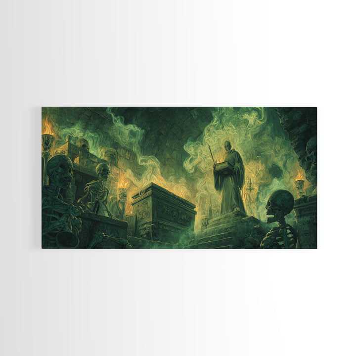 Green Necromancer Crypt Canvas Print, Skeleton Ritual Dark Fantasy Art, Gothic Wall Art, Occult Decor, Dungeons And Dragons Gift