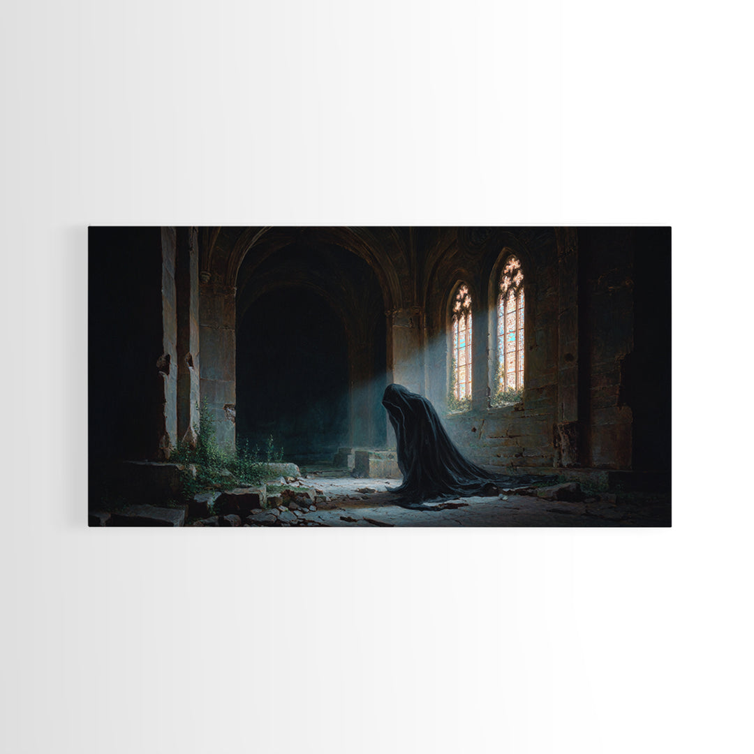 Hooded Figure In Ruined Gothic Cathedral Framed Canvas Print, Dark Academia Wall Art, Moody Spiritual Decor For Home Office