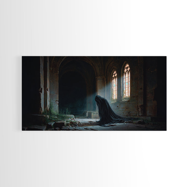 Hooded Figure In Ruined Gothic Cathedral Framed Canvas Print, Dark Academia Wall Art, Moody Spiritual Decor For Home Office